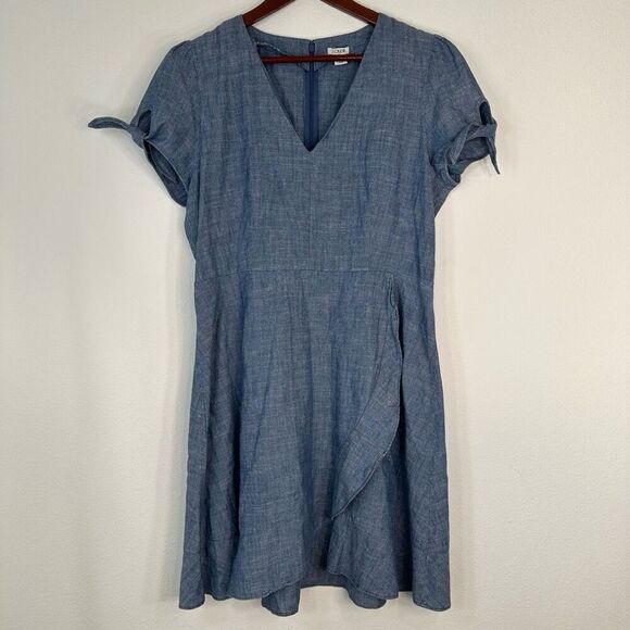 J.Crew Factory Blue Denim Chambray Faux Wrap Mini Dress Women 12 Minimalist Chic - Picture 1 of 12
